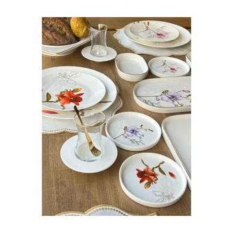 Rossev Royal Flower Desenli 50 Parça 6 Kişilik Porselen Kahvaltı Takımı Beyaz