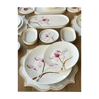 Rossev Royal Flower Desenli 50 Parça 6 Kişilik Porselen Kahvaltı Takımı Beyaz