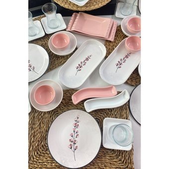 Keramika Sakura Desenli 50 Parça 12 Kişilik Seramik Kahvaltı Takımı Beyaz