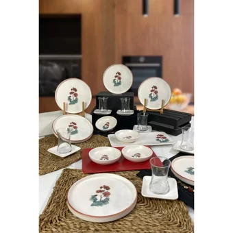Keramika Gelincik Yuvarlak Desenli 24 Parça 6 Kişilik Seramik Kahvaltı Takımı Beyaz