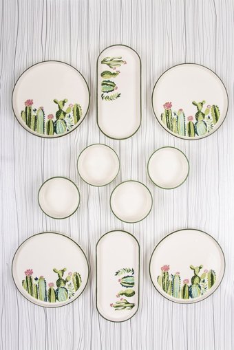 Mukko Home Kaktüs Desenli 10 Parça 4 Kişilik Seramik Kahvaltı Takımı Çok Renkli