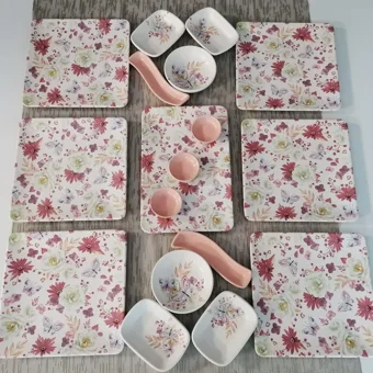 Keramika Kelebek Desenli 18 Parça 6 Kişilik Seramik Kahvaltı Takımı Çok Renkli