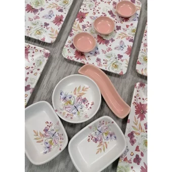 Keramika Kelebek Desenli 18 Parça 6 Kişilik Seramik Kahvaltı Takımı Çok Renkli
