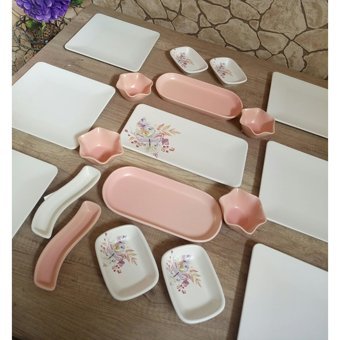 Keramika Mat Pembe Kare Desenli 19 Parça 6 Kişilik Seramik Kahvaltı Takımı Beyaz-Pembe