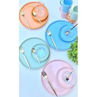 Keramika Rainbow Mix 24 Parça 4 Kişilik Seramik Kahvaltı Takımı Mavi-Mor-Turuncu