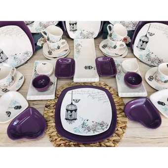 Keramika Retro Kalp-Kare Desenli 37 Parça 6 Kişilik Seramik Kahvaltı Takımı Beyaz-Mor