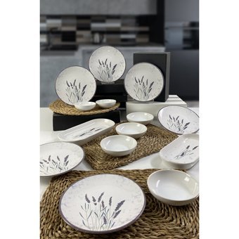 Keramika Lavanta Yuvarlak Desenli 14 Parça 6 Kişilik Seramik Kahvaltı Takımı Beyaz