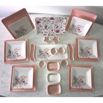 Keramika Bahar Kare Desenli 25 Parça 6 Kişilik Seramik Kahvaltı Takımı Beyaz-Pembe