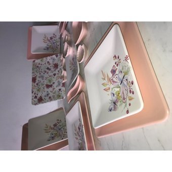 Keramika Bahar Kare Desenli 25 Parça 6 Kişilik Seramik Kahvaltı Takımı Beyaz-Pembe