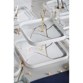 Acar Kintsugi Star Kare Desenli 25 Parça 6 Kişilik Porselen Kahvaltı Takımı Beyaz