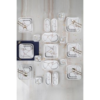 Acar Kintsugi Star Kare Desenli 25 Parça 6 Kişilik Porselen Kahvaltı Takımı Beyaz