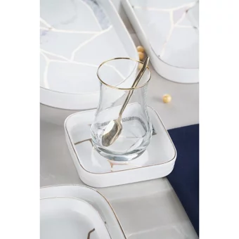 Acar Kintsugi Star Kare Desenli 25 Parça 6 Kişilik Porselen Kahvaltı Takımı Beyaz