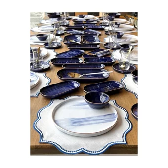 Rossev Blue Wind Desenli 99 Parça 12 Kişilik Stoneware Kahvaltı Takımı Beyaz-Lacivert