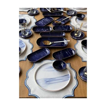 Rossev Blue Wind Desenli 99 Parça 12 Kişilik Stoneware Kahvaltı Takımı Beyaz-Lacivert