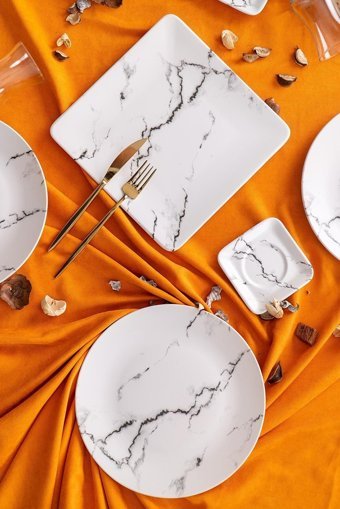 Acar Marble Desenli 23 Parça 6 Kişilik Stoneware Kahvaltı Takımı Siyah