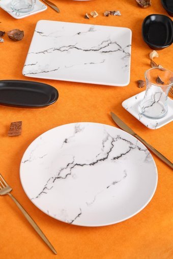 Acar Marble Desenli 23 Parça 6 Kişilik Stoneware Kahvaltı Takımı Siyah