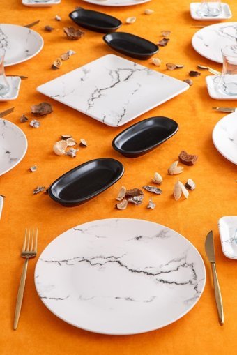 Acar Marble Desenli 23 Parça 6 Kişilik Stoneware Kahvaltı Takımı Siyah