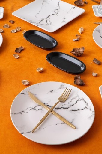 Acar Marble Desenli 23 Parça 6 Kişilik Stoneware Kahvaltı Takımı Siyah
