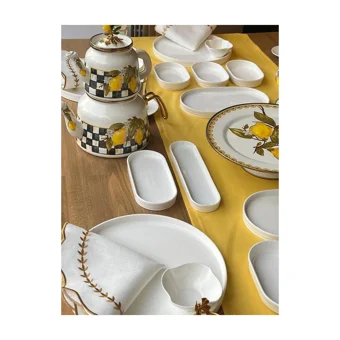 Rossev Pure Desenli 55 Parça 6 Kişilik Porselen Kahvaltı Takımı Beyaz