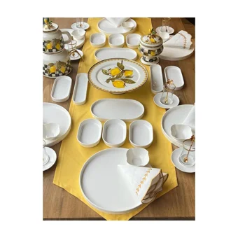 Rossev Pure Desenli 55 Parça 6 Kişilik Porselen Kahvaltı Takımı Beyaz