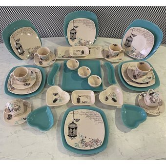 Keramika Retro Kalp-Kare Desenli 37 Parça 6 Kişilik Seramik Kahvaltı Takımı Beyaz-Mavi