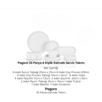 Kurt Home Pagoro 14339 35 Parça 6 Kişilik Porselen Kahvaltı Takımı Beyaz