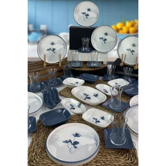 Keramika Blue Magic Yuvarlak Desenli 47 Parça 12 Kişilik Seramik Kahvaltı Takımı Beyaz