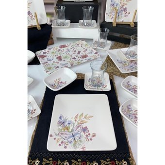Keramika Bahar Kare Desenli 23 Parça 6 Kişilik Seramik Kahvaltı Takımı Beyaz