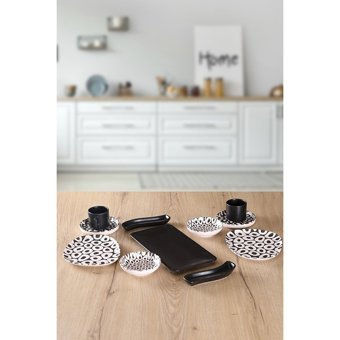 Keramika Black And White Tetra Oval Desenli 11 Parça Seramik Kahvaltı Takımı Beyaz-Siyah