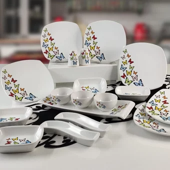 Keramika Kelebek Kare Desenli 18 Parça 6 Kişilik Seramik Kahvaltı Takımı Beyaz