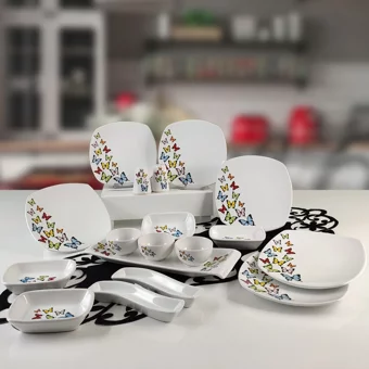 Keramika Kelebek Kare Desenli 18 Parça 6 Kişilik Seramik Kahvaltı Takımı Beyaz
