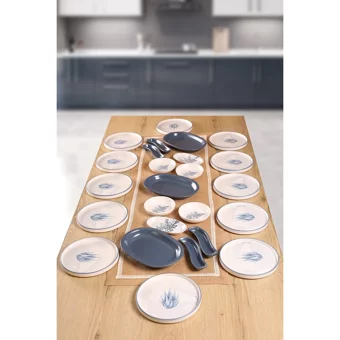Keramika Blue Magic Oval-Yuvarlak Desenli 25 Parça 12 Kişilik Seramik Kahvaltı Takımı Beyaz-Mavi
