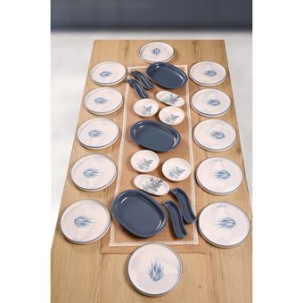 Keramika Blue Magic Oval-Yuvarlak Desenli 25 Parça 12 Kişilik Seramik Kahvaltı Takımı Beyaz-Mavi