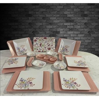 Keramika Bahar Kare Desenli 23 Parça 6 Kişilik Seramik Kahvaltı Takımı Beyaz-Pembe