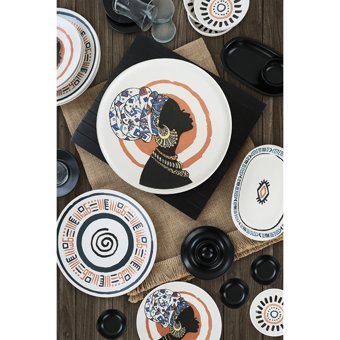 Keramika African Yuvarlak Desenli 50 Parça 6 Kişilik Seramik Kahvaltı Takımı Çok Renkli