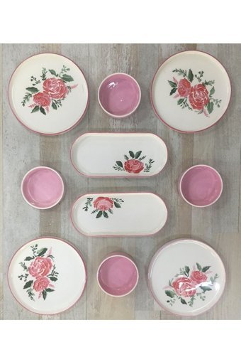 Pinkev Desenli 10 Parça 4 Kişilik Seramik Kahvaltı Takımı Beyaz-Pembe
