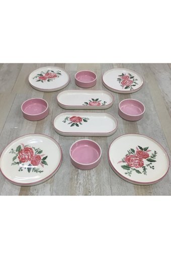 Pinkev Desenli 10 Parça 4 Kişilik Seramik Kahvaltı Takımı Beyaz-Pembe