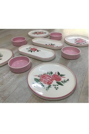 Pinkev Desenli 10 Parça 4 Kişilik Seramik Kahvaltı Takımı Beyaz-Pembe