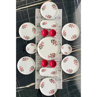 Venüs Home Decoratıon Kar Çiçeği Desenli 15 Parça 6 Kişilik Seramik Kahvaltı Takımı Fuşya
