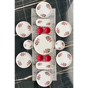 Venüs Home Decoratıon Kar Çiçeği Desenli 15 Parça 6 Kişilik Seramik Kahvaltı Takımı Fuşya