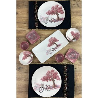 Keramika Bicycle Kare-Yuvarlak Desenli 11 Parça 2 Kişilik Seramik Kahvaltı Takımı Çok Renkli