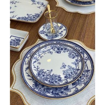 Md Mimoza Dekor Spring Time Desenli 45 Parça 6 Kişilik Seramik Kahvaltı Takımı Mavi