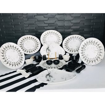 Keramika Melodi Oval-Yuvarlak Desenli 22 Parça 6 Kişilik Seramik Kahvaltı Takımı Beyaz-Siyah