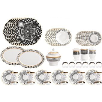 Lotus Siyah Çizgi Desen Desenli 44 Parça 6 Kişilik Porselen Kahvaltı Takımı Beyaz