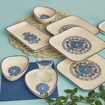 Karaca Fresia Dikdörtgen-Kare-Oval Desenli 24 Parça 6 Kişilik Stoneware Seramik Kahvaltı Takımı Beyaz