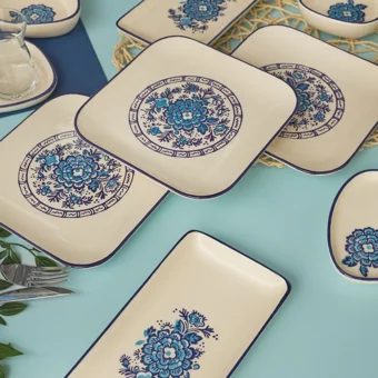 Karaca Fresia Dikdörtgen-Kare-Oval Desenli 24 Parça 6 Kişilik Stoneware Seramik Kahvaltı Takımı Beyaz