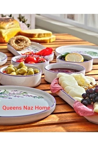 Queens Naz Home Lavanta Desenli 18 Parça 4 Kişilik Seramik Kahvaltı Takımı Beyaz-Lavanta