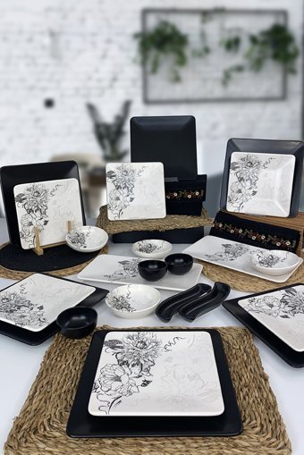 Keramika Lotus Desenli 23 Parça 6 Kişilik Seramik Kahvaltı Takımı Beyaz-Siyah