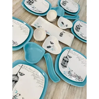 Keramika Retro Kalp-Kare Desenli 23 Parça 6 Kişilik Seramik Kahvaltı Takımı Beyaz-Mavi