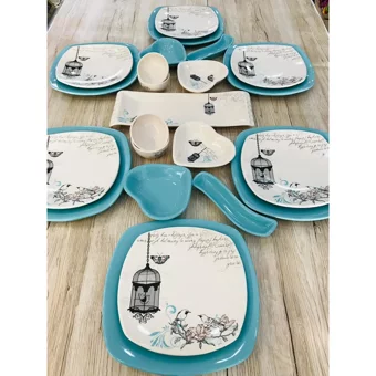Keramika Retro Kalp-Kare Desenli 23 Parça 6 Kişilik Seramik Kahvaltı Takımı Beyaz-Mavi
